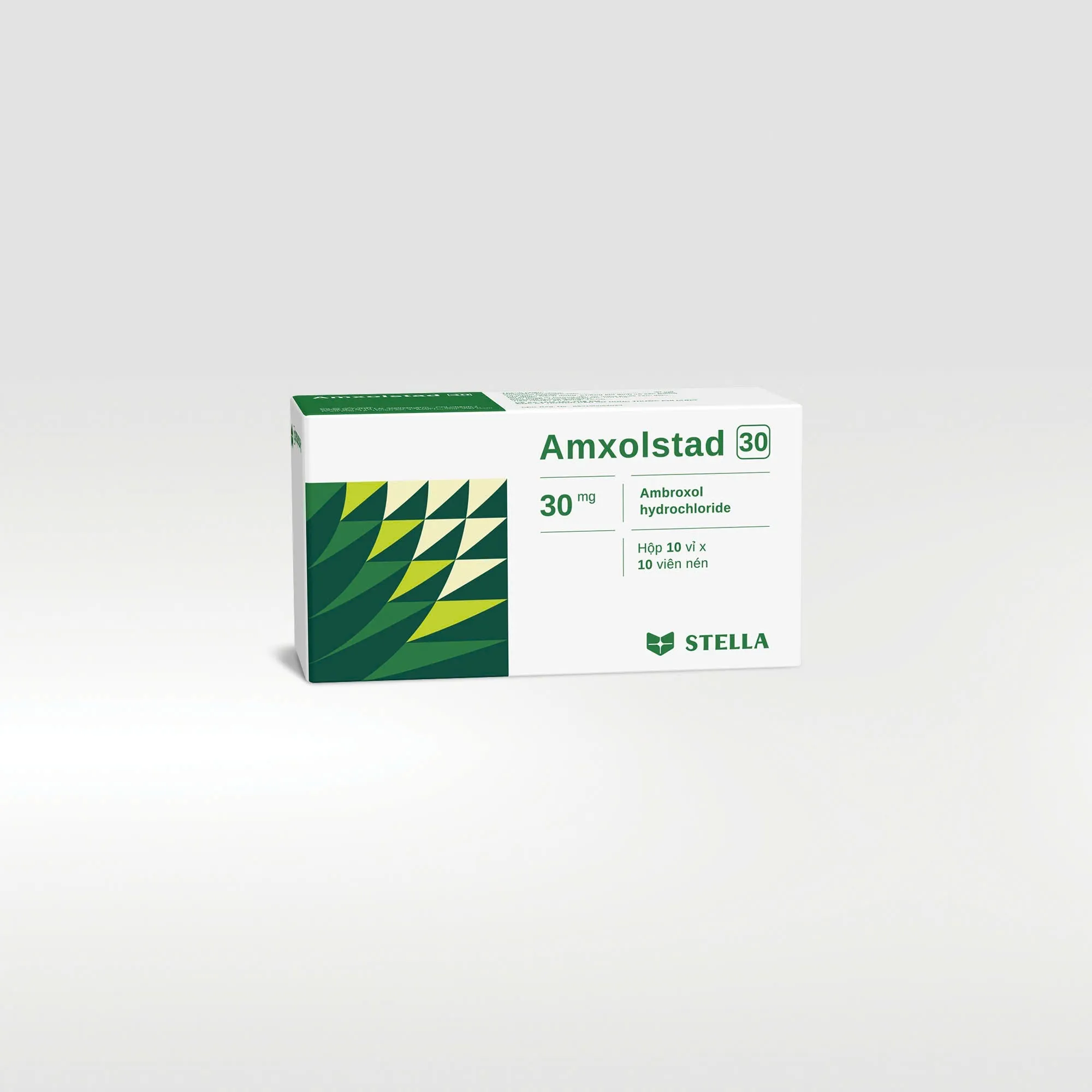 Amxolstad 30mg Stella (H/100v) - Thuốc hỗ trợ long đờm và làm tiêu chất nhầy, tăng tiết dịch phế quản và tác dụng thanh thải chất nhầy